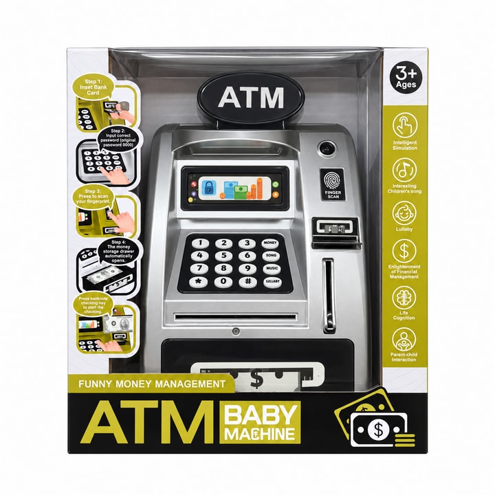 Kids ATM Baby Money-Saving Machine Toy with Card & Fingerprint Scanner.