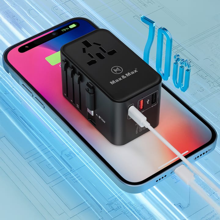 Max & Max GAN 70W Universal Travel Adapter with Retractable Cable PD,Type-C Cable + 2USB A Port