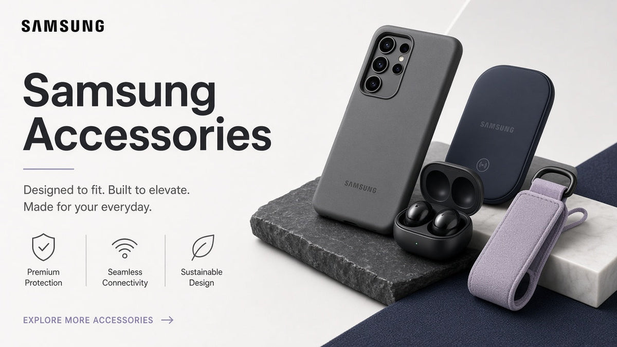 Editorial abstract charger and cable cover for Samsung accessories guide
