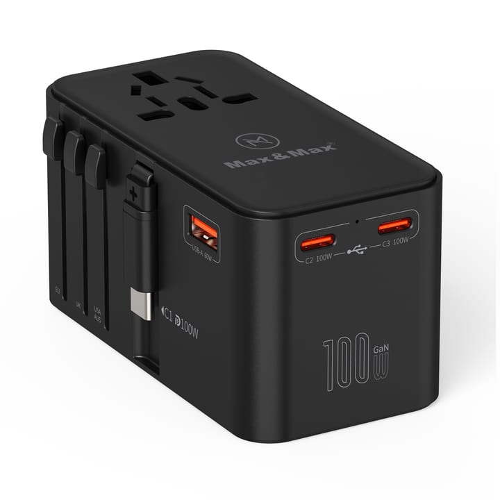 Max & Max GAN 100W Universal Travel Adapter with Retractable Cable PD,Type-C 3 + USB A Port