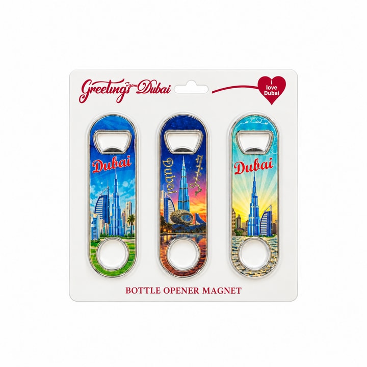 Greetings from Dubai Bottle Opener Magnet 3 Piece City Design
