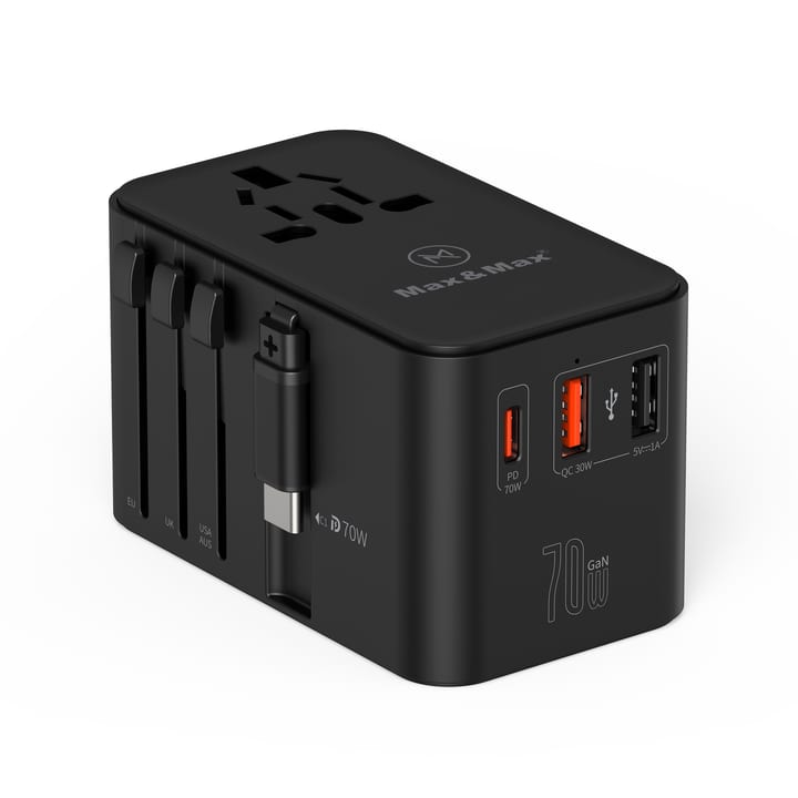 Max & Max GAN 70W Universal Travel Adapter with Retractable Cable PD,Type-C Cable + 2USB A Port