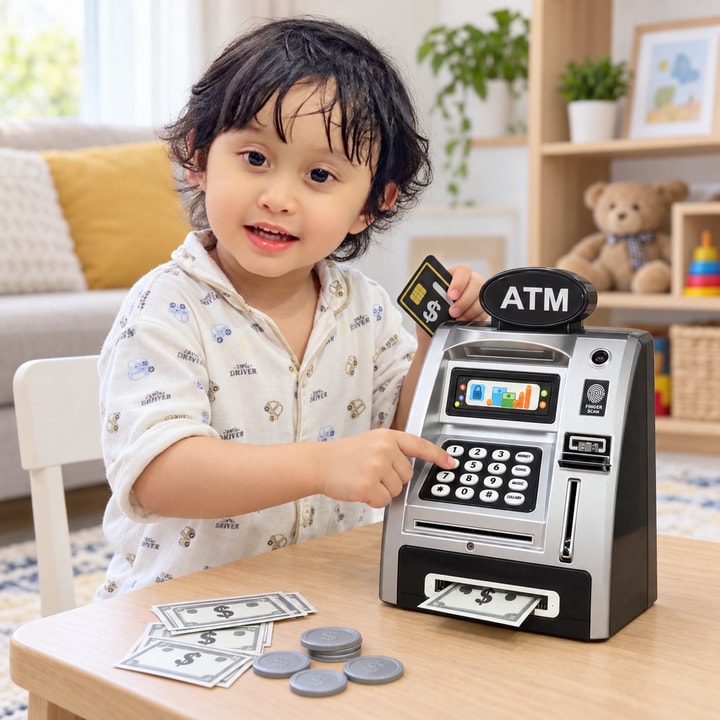 Kids ATM Baby Money-Saving Machine Toy with Card & Fingerprint Scanner.