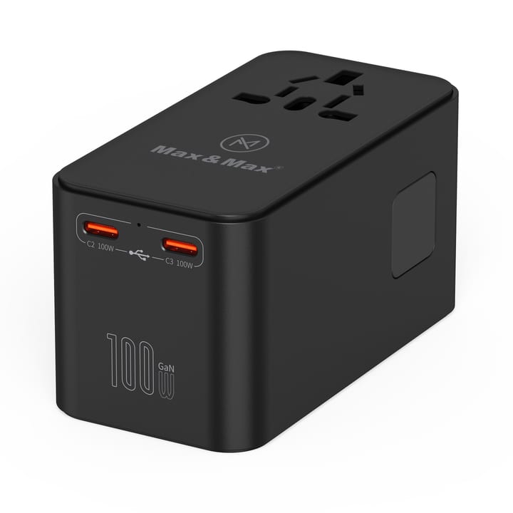 Max & Max GAN 100W Universal Travel Adapter with Retractable Cable PD,Type-C 3 + USB A Port