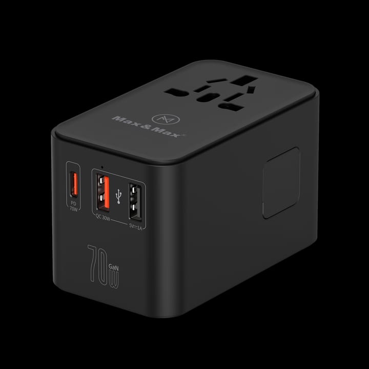 Max & Max GAN 70W Universal Travel Adapter with Retractable Cable PD,Type-C Cable + 2USB A Port