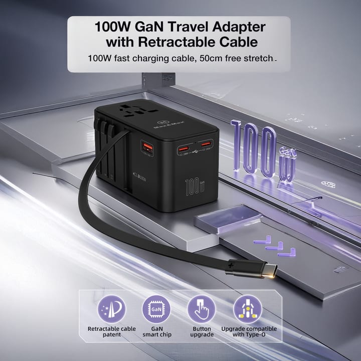 Max & Max GAN 100W Universal Travel Adapter with Retractable Cable PD,Type-C 3 + USB A Port